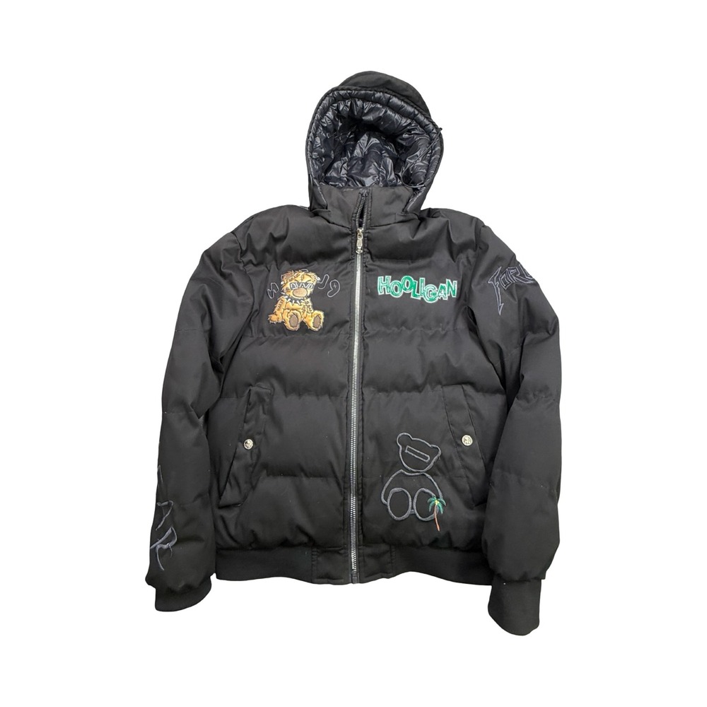Unbranded Puffer Jacket Mens L Black Hooligan Bear Embroidered Streetwear Urban